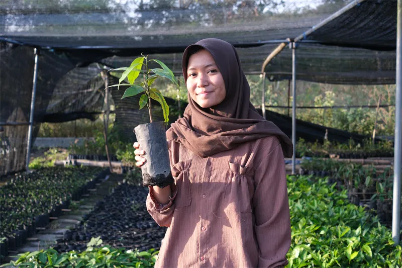 Femme présentant une plante sous une serre