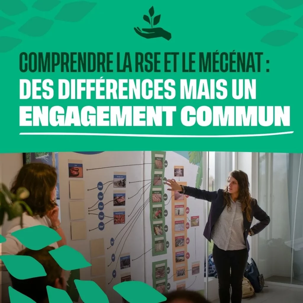 Julie animant une fresque de la forêt avec au dessus un bandeau vert qui a pour titre : comprendre la RSE et le mécénat : des différence mais un engagement commun
