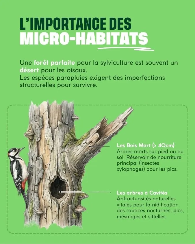 Une forêt parfaite pour la sylviculture est souvent un désert pour les oisaux. Les espèces parapluies exigent des imperfections structurelles pour survivre.